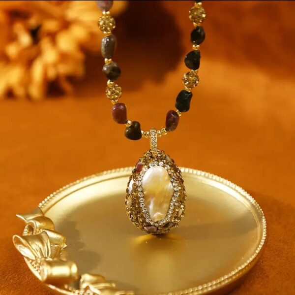 Genuine natural pearl necklace adorned with natural tourmaline stones, gold-plated.